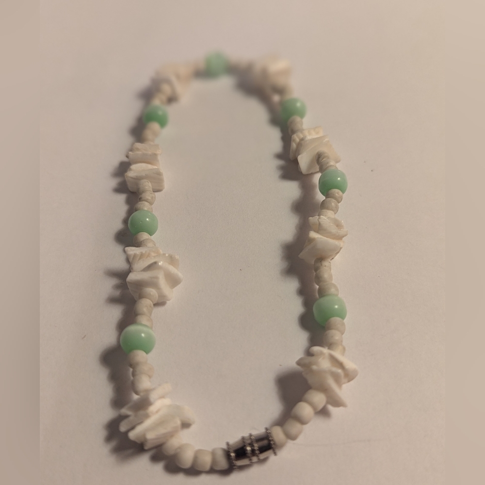 Classic Vtg 1970s Cream & Green Boho 10" Puka Shell Anklet Surfer Beach Summer - Picture 3 of 11